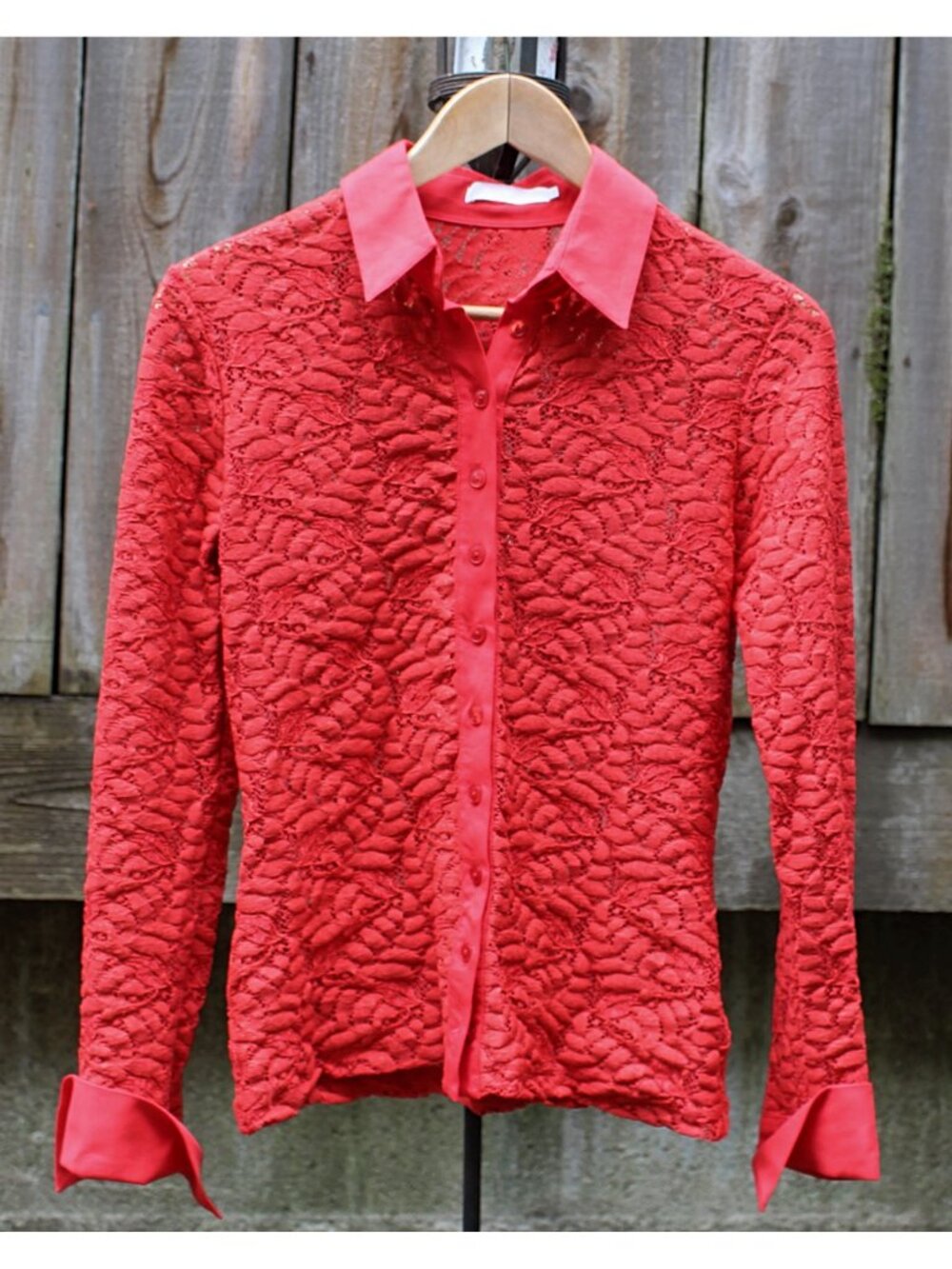 Anne Fontaine - "Savine" Strech Lace Shirt w/Flip Cuffs in Fire Red, size 40